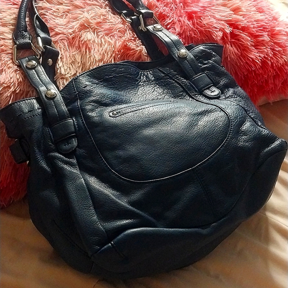 B Makowski Vintage Hobo Cinched Bucket Large Shoulder Bag Navy Calf Leather - Picture 3 of 7